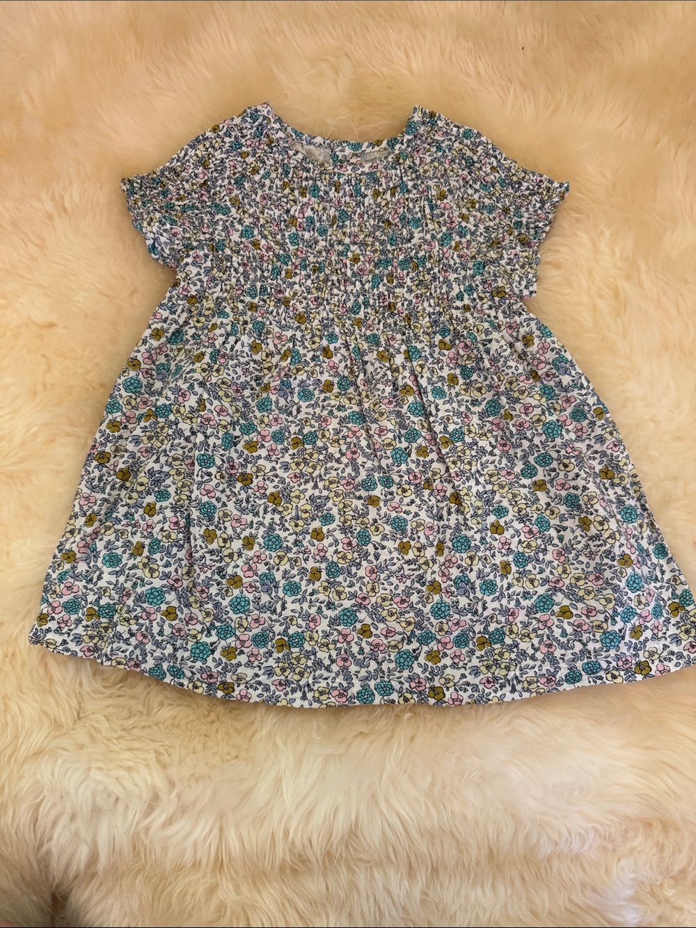 Zara Floral Smocked Dress in White, Teal, Pink, and Mustard